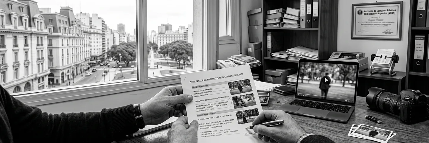 Detective privado presentando informe con fotos y videos de seguimiento al cliente en Buenos Aires