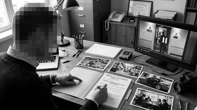 Detective privado preparando un informe con pruebas fotográficas y de video de infidelidad